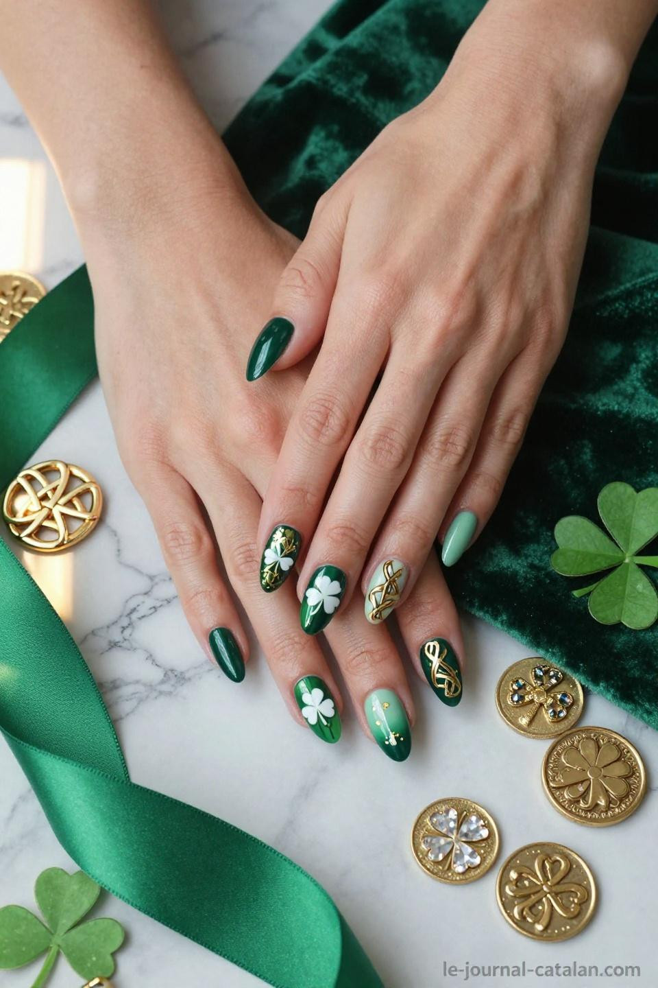 St Pats Nails rainbow ombre gradient with gold coin embellishments