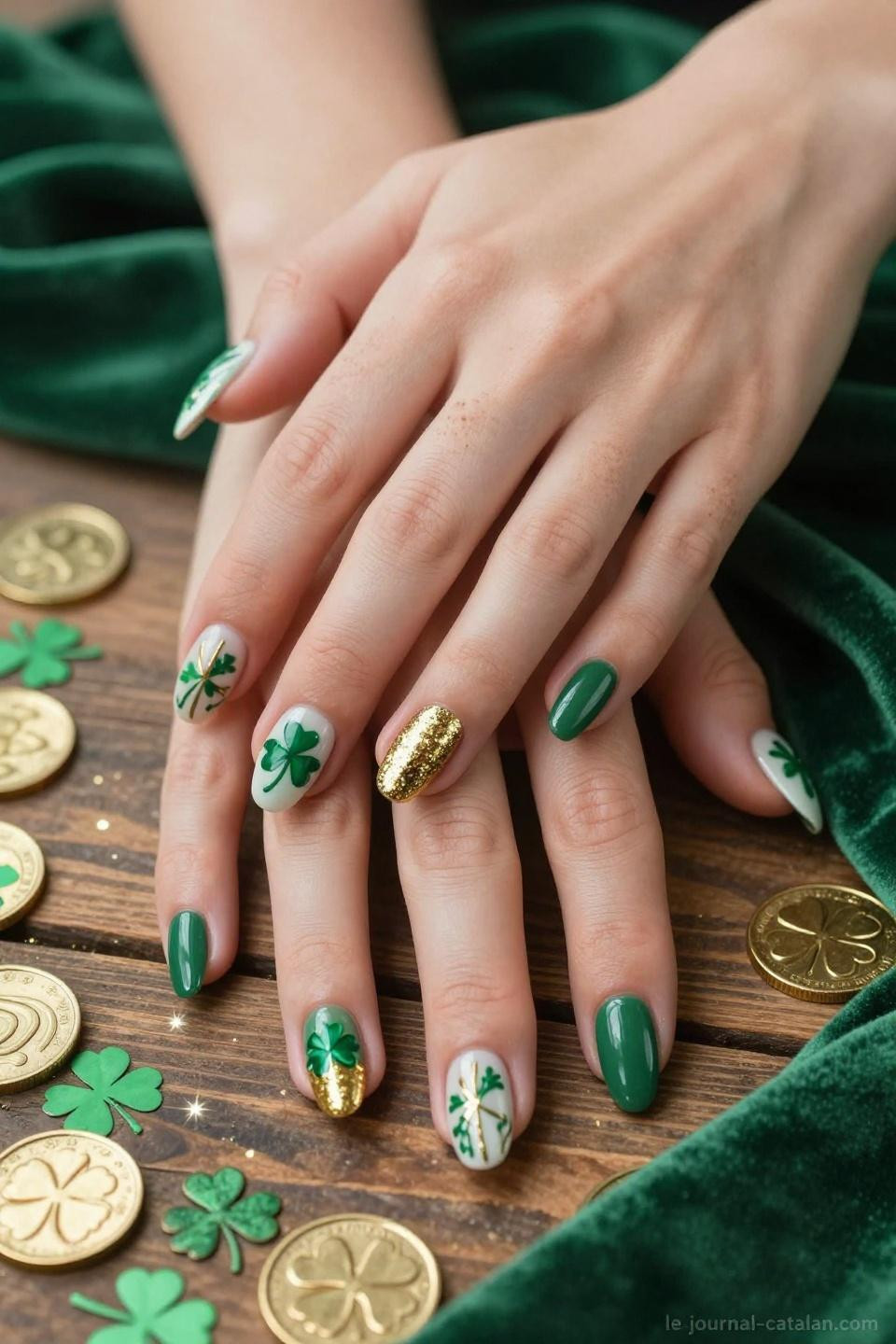 St Patricks Nails Ideas pearl white base with emerald green accent nails