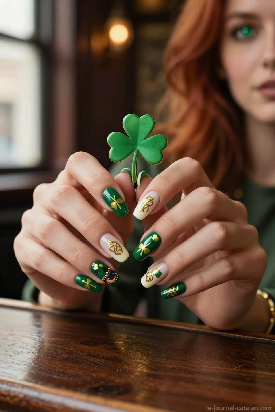 Saint Pattys Day Nails shamrock-shaped glitter confetti in clear gel base