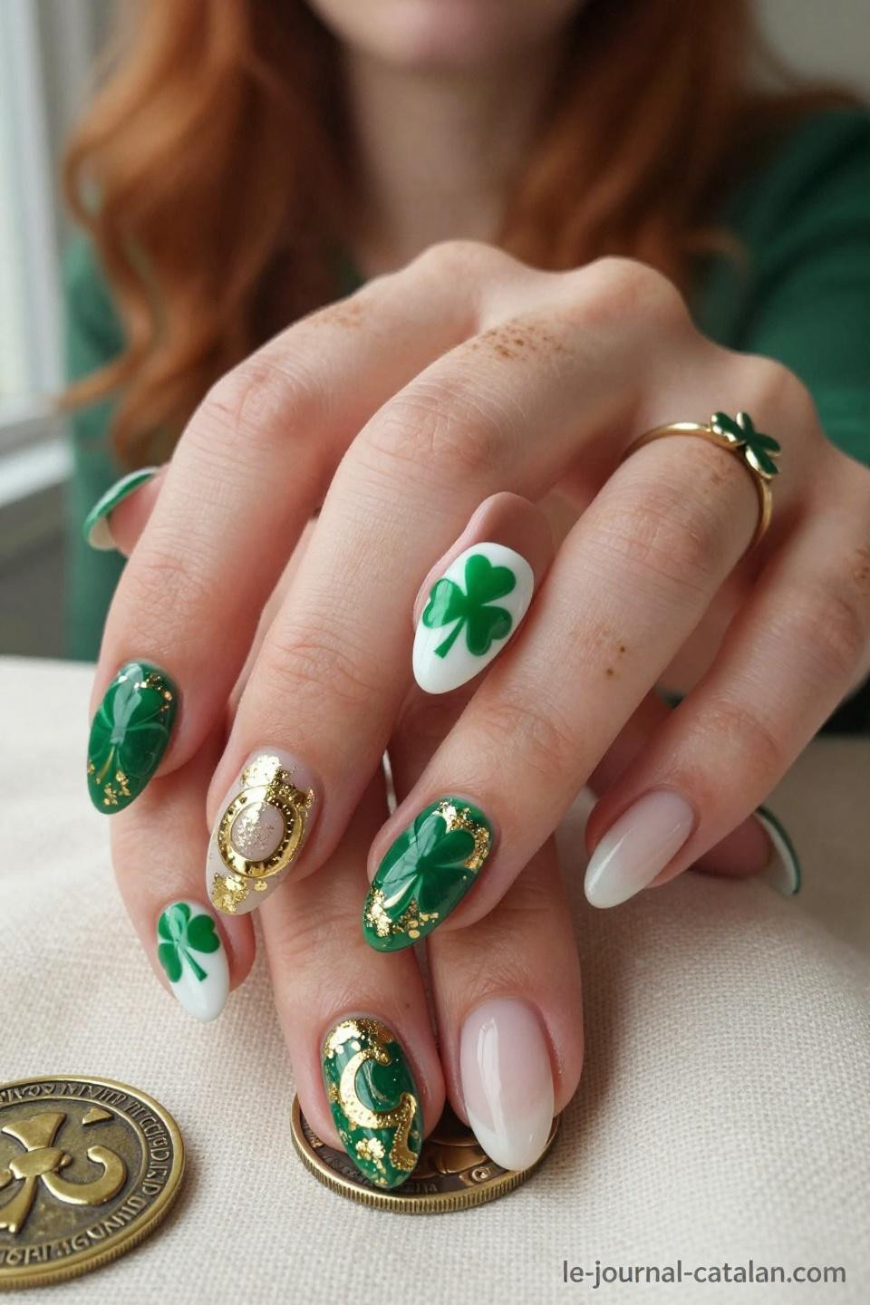 Green And Gold Nails geometric shamrock interpretation with angular gold details