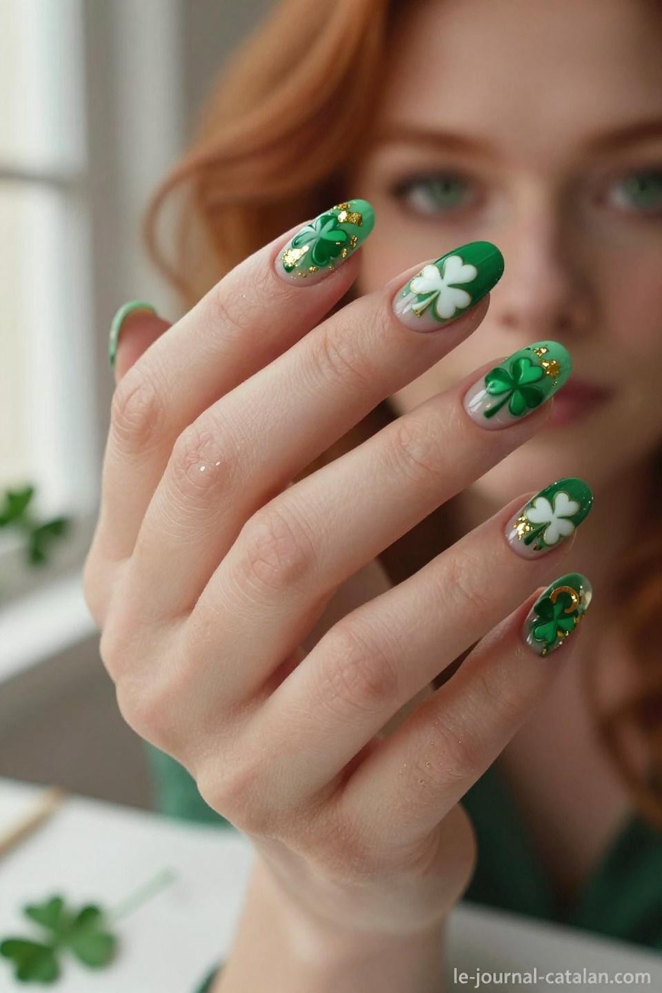 St Pattys Nails Simple three-dimensional shamrock designs with sculptural gel layers