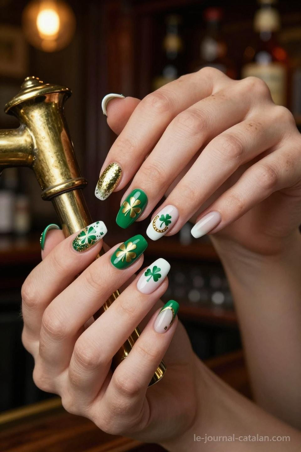Saint Patrick Day Nails gold glitter base with shamrock negative space designs
