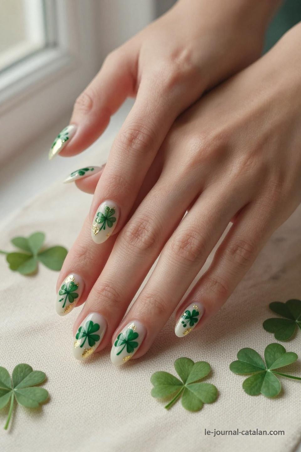St Patricks Nail Designs botanical shamrock artwork with multiple clover placements