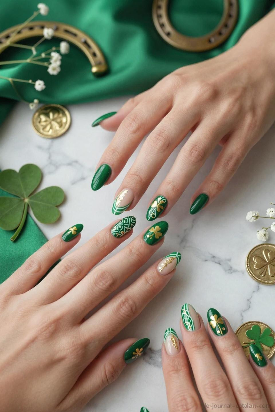 St Patrick Day Nails Acrylic featuring emerald jewel gradients with Celtic knot patterns in white