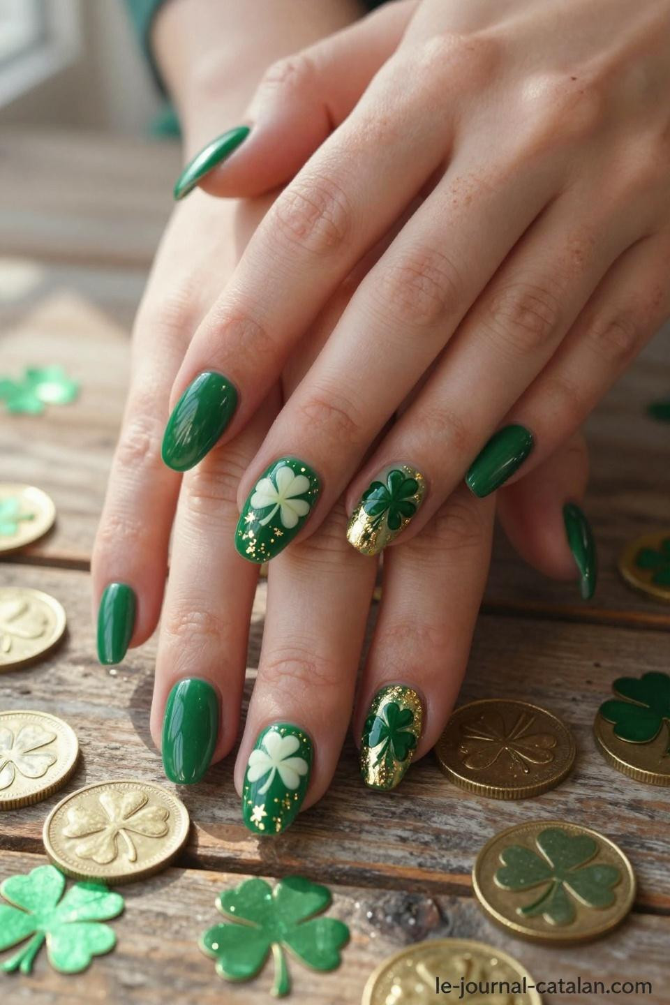 St Patricks Day Nails Design St Pats emerald chrome finish with thin gold striping