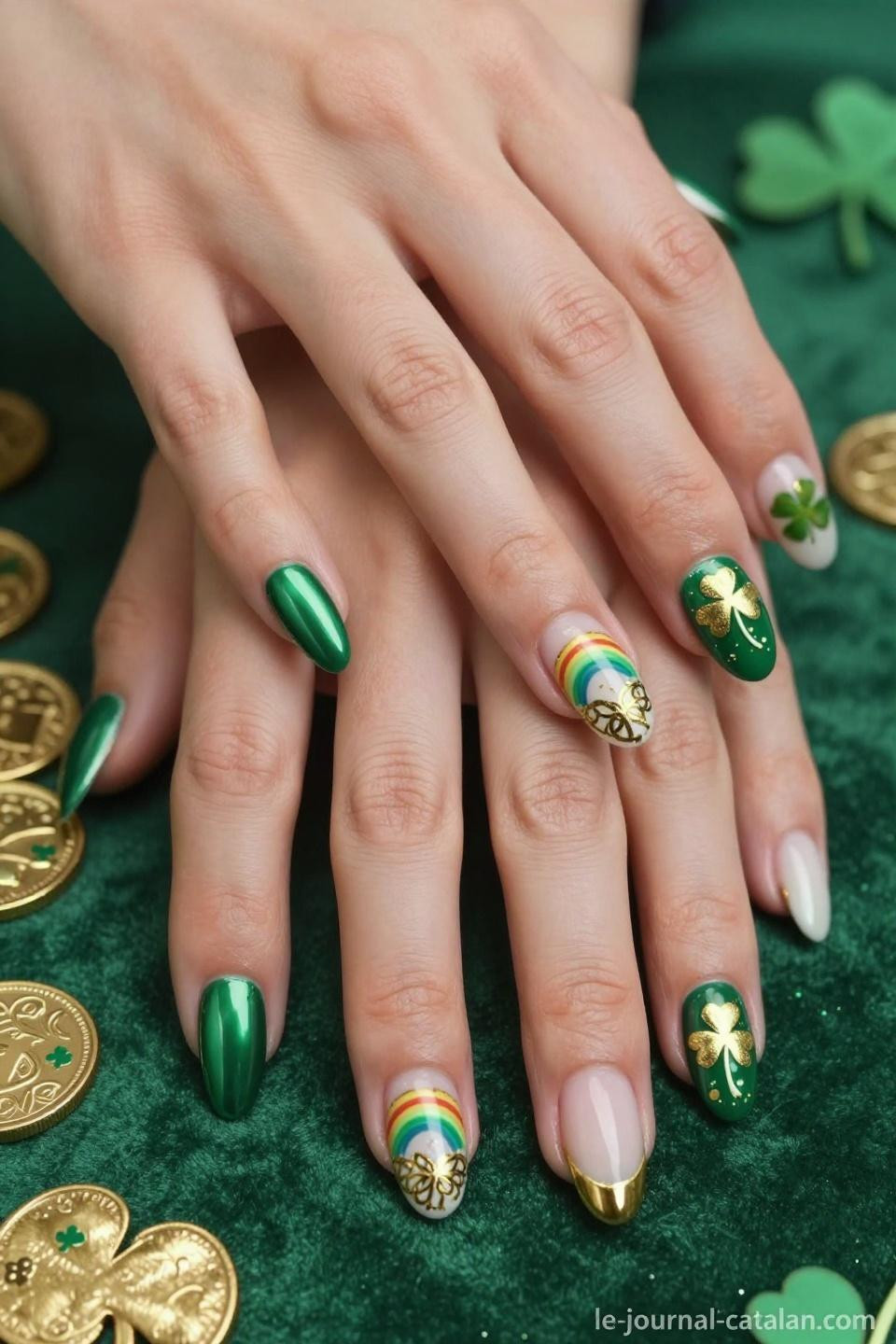 St Pats Nails featuring miniature rainbow nail art with gold coin accents