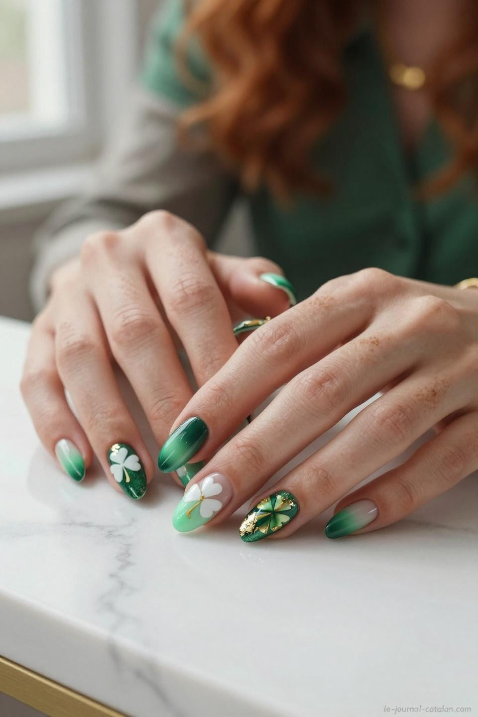 Saint Pattys Day Nails gradient ombre from light mint to deep emerald green