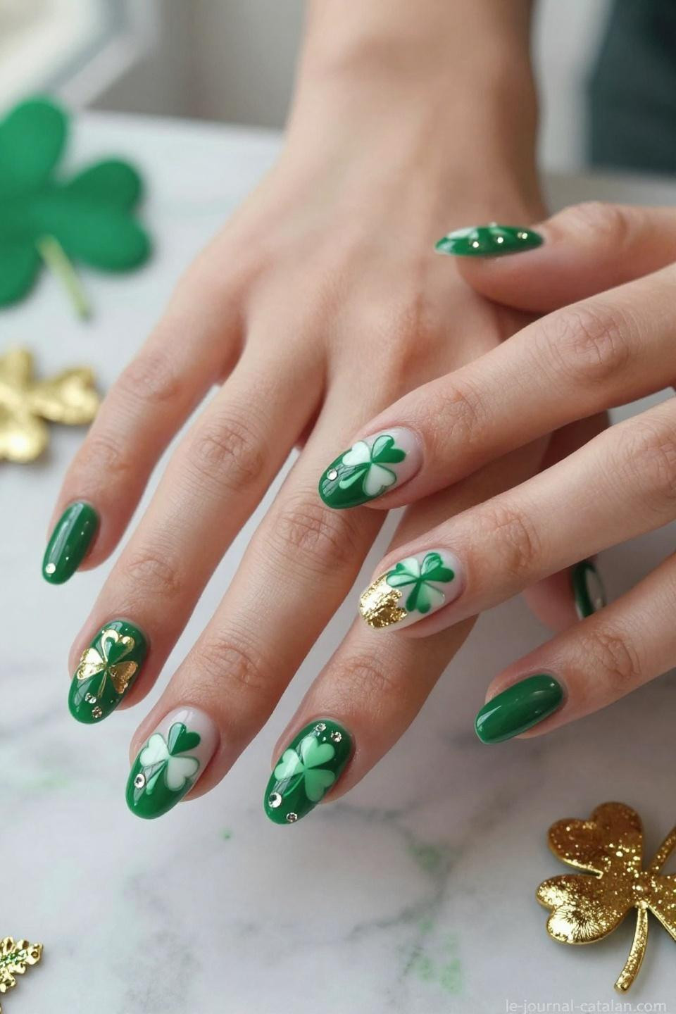 Green And Gold Nails French manicure with metallic gold tips and shamrock accents