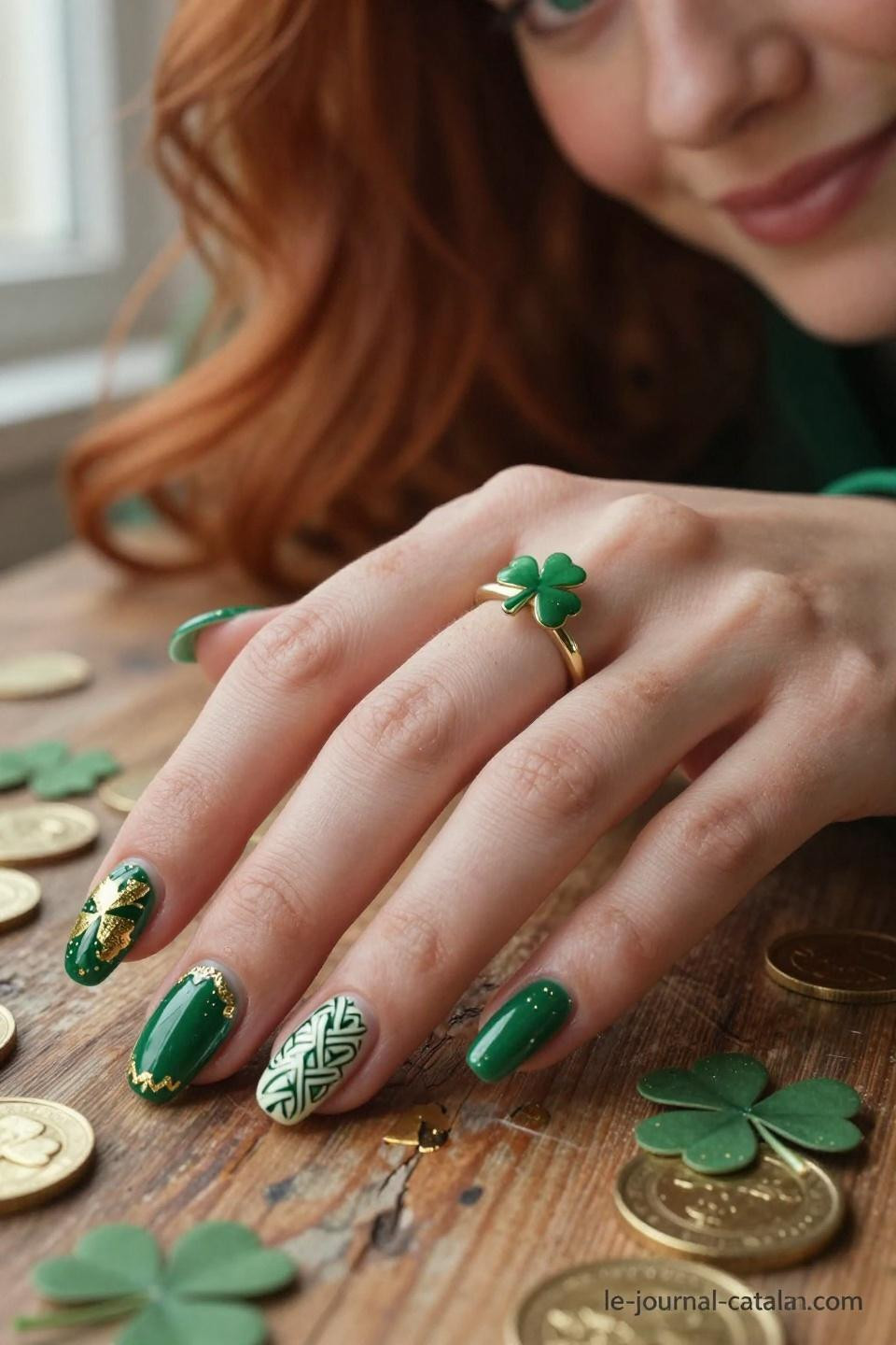 St Pattys Nails Simple emerald glitter gradient with shamrock crystal embellishments