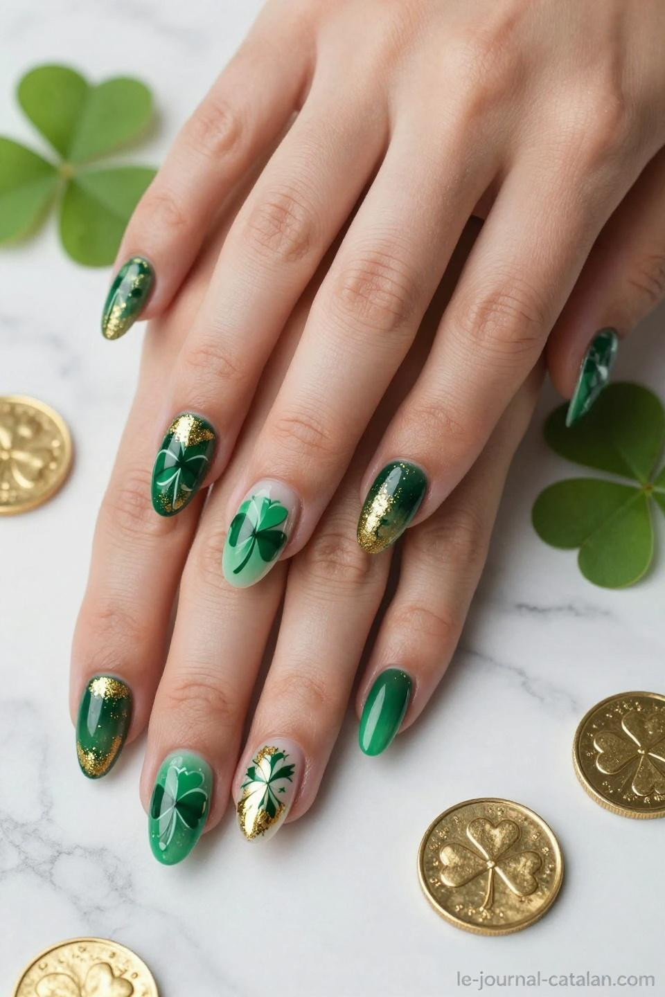 St Pattys Day Nail Designs minimalist approach with clean geometric shamrock outlines