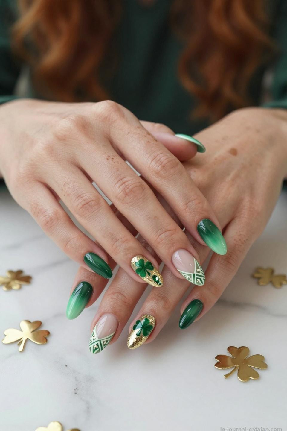 Saint Patrick Day Nails intricate hand-painted shamrocks with three-dimensional texture