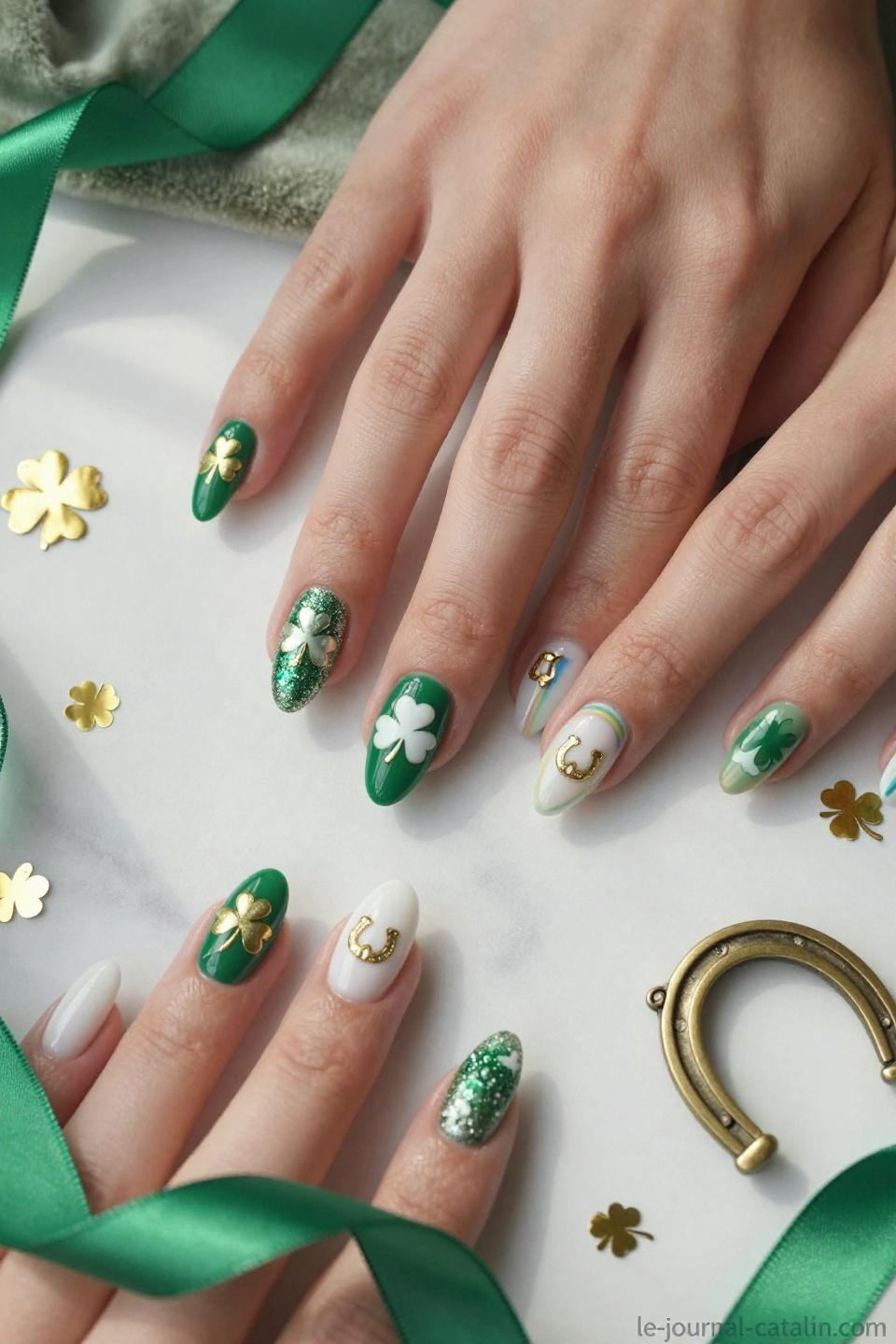 San Patrick Nails featuring kelly green base with white shamrocks and gold horseshoe accents