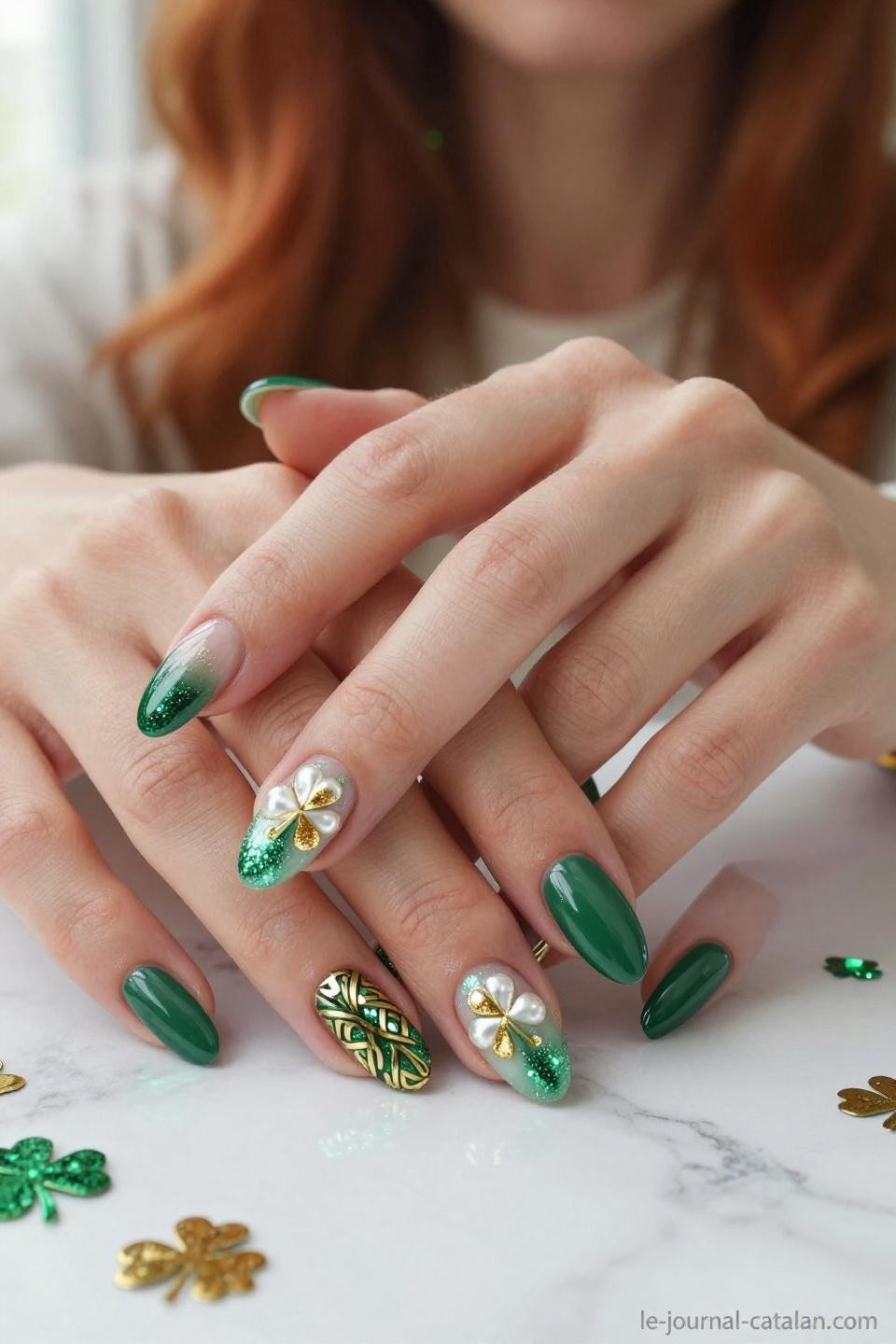 St Patricks Day Nails Design St Pats featuring emerald chrome finish with Celtic knot patterns