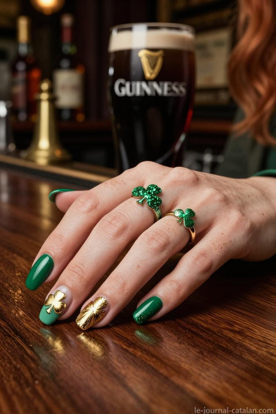 St Pats Nails kelly green gel manicure with hand-painted gold shamrocks on accent nails