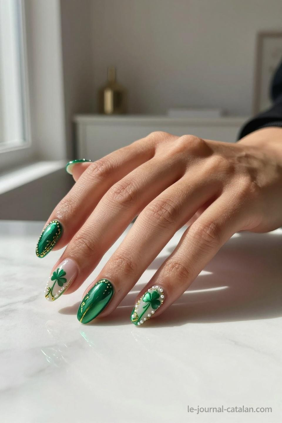 Green St Patricks Day Nails featuring emerald chrome powder and Celtic knot patterns with pearl micro-dots