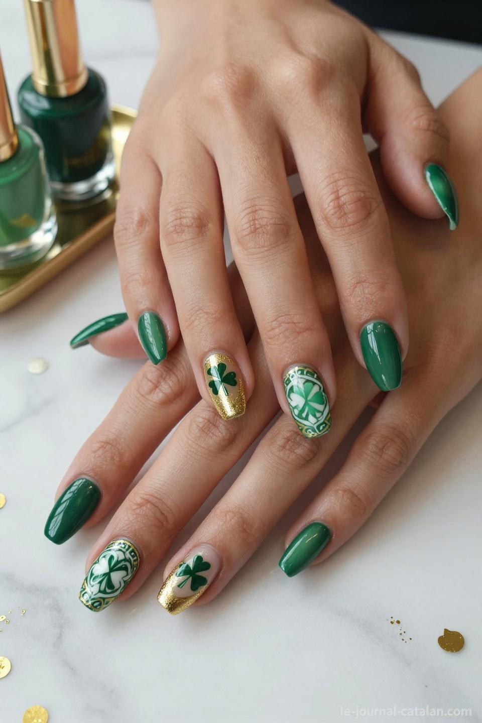St Pattys Nails Simple design with emerald green shimmer and elegant gold accents on marble surface