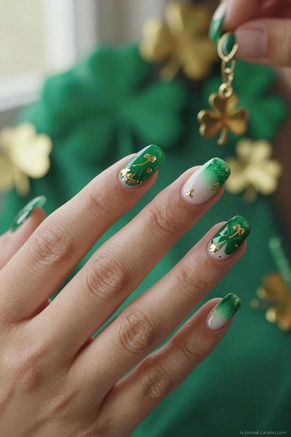 Saint Patrick Day Nails with kelly green base and hand-painted gold metallic shamrock designs