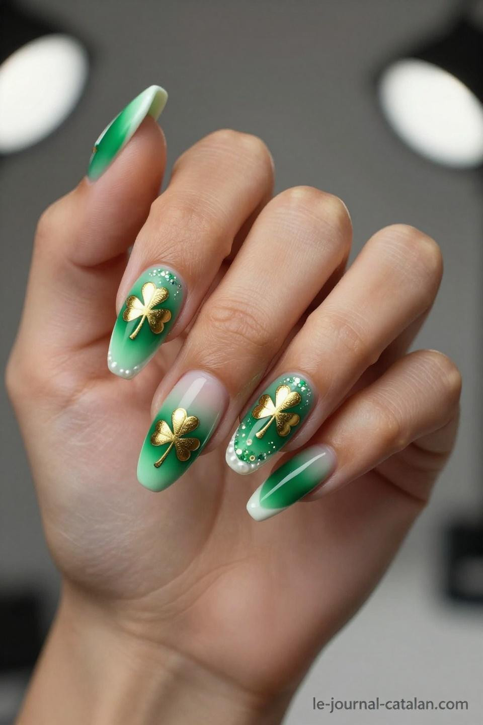 St Patricks Day Nails Design St Pats featuring emerald to mint green ombre gradient with gold shamrocks