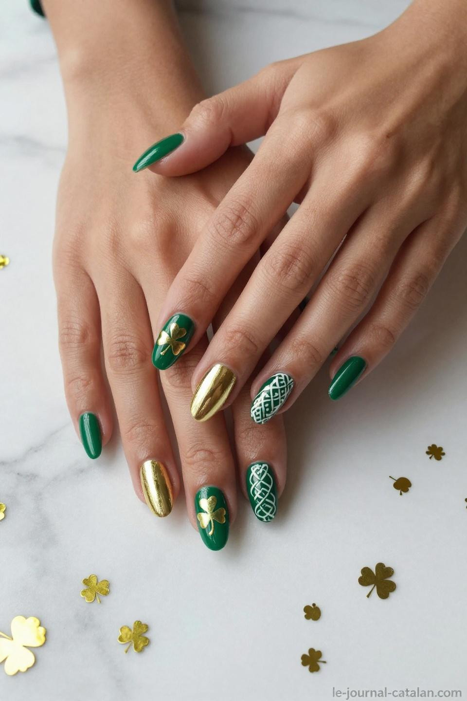 St Pats Nails emerald green gel manicure with hand-painted gold shamrocks on almond nails