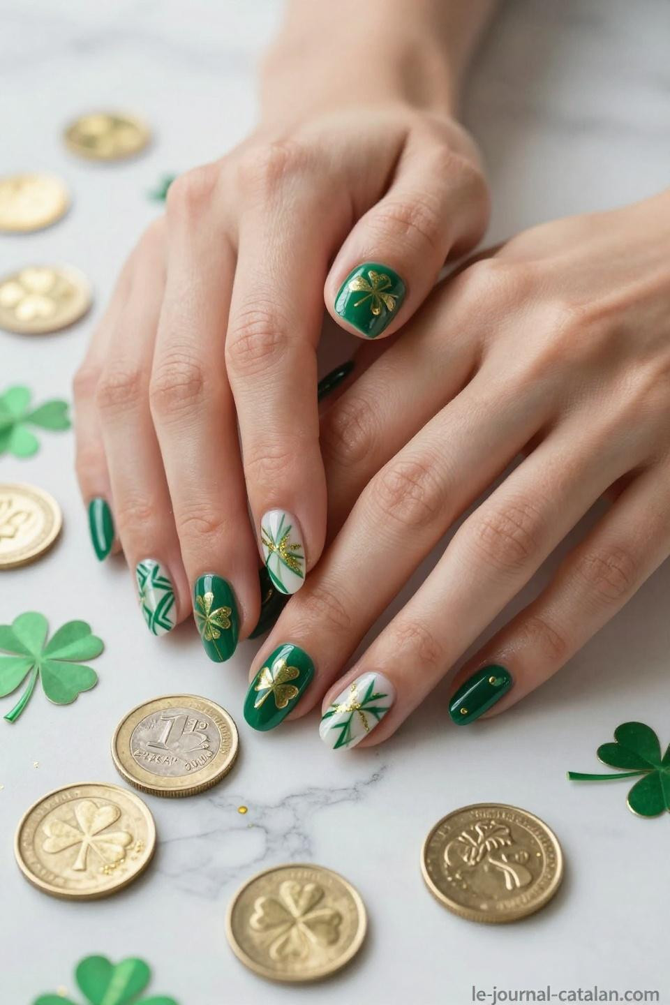 St Pattys Nails Simple kelly green with minimal shamrock details and clean lines