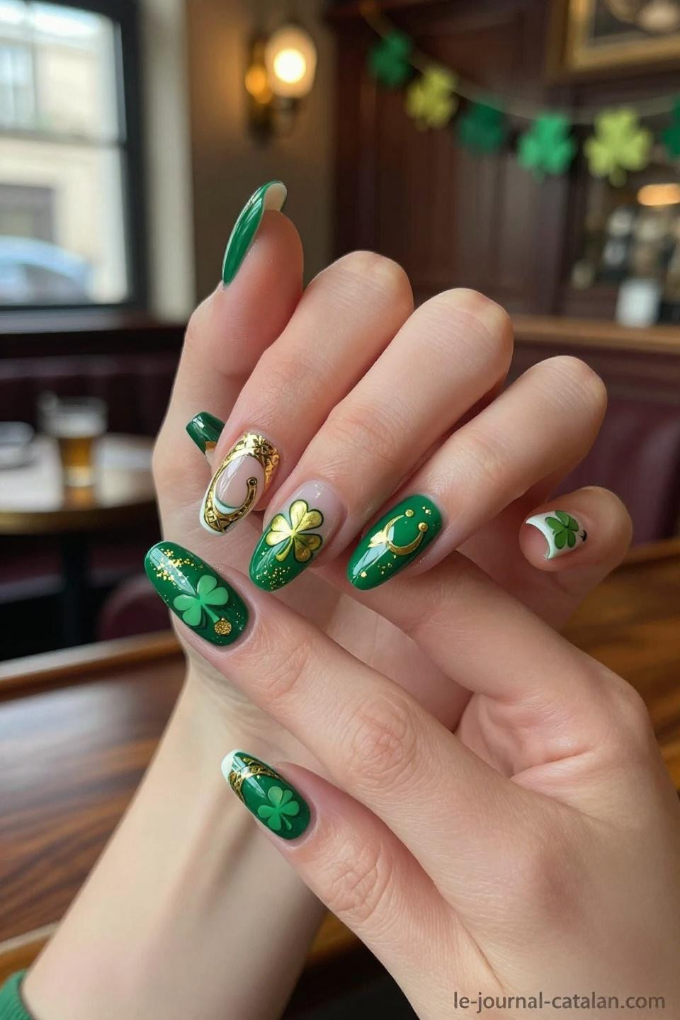Saint Patrick Day Nails kelly green with hand-painted shamrocks and gold Celtic patterns