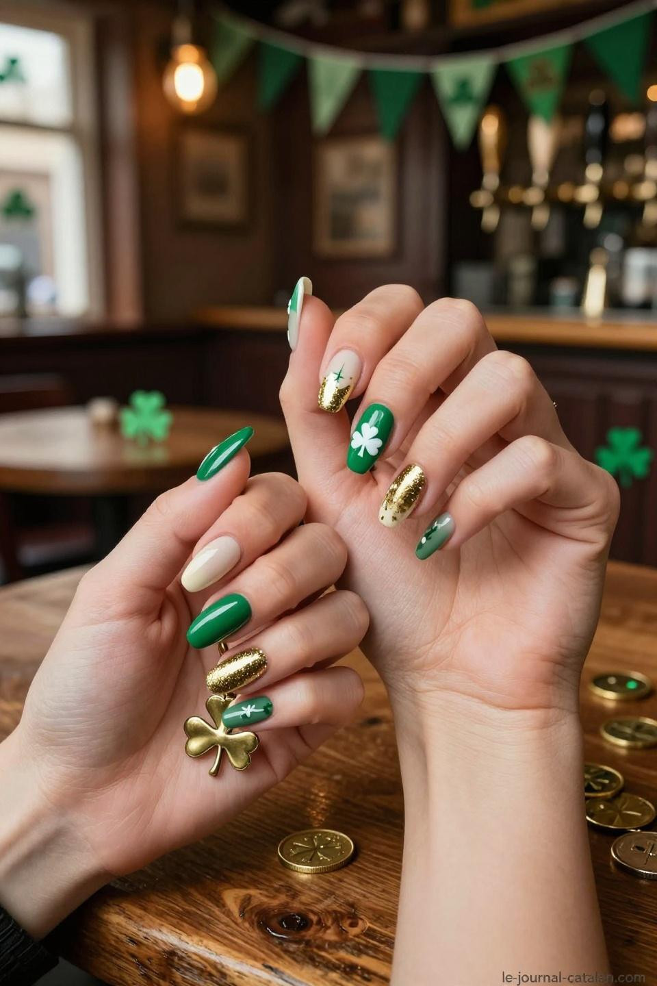 Subtle St Patricks Day Nails soft mint and emerald with minimal gold accents on short almond nails