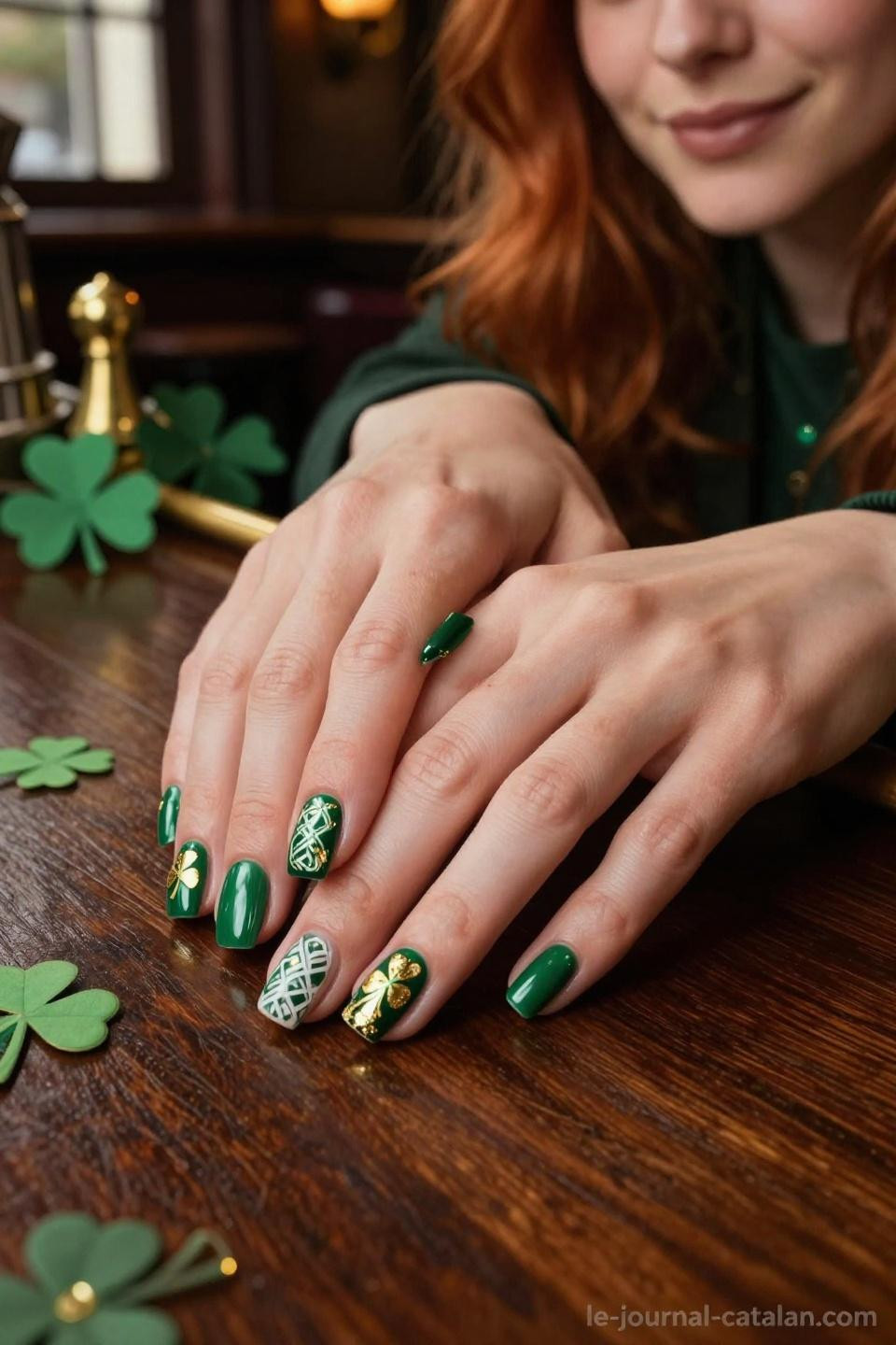 St Pats Nails emerald green gel with gold shamrock accents on short square nails