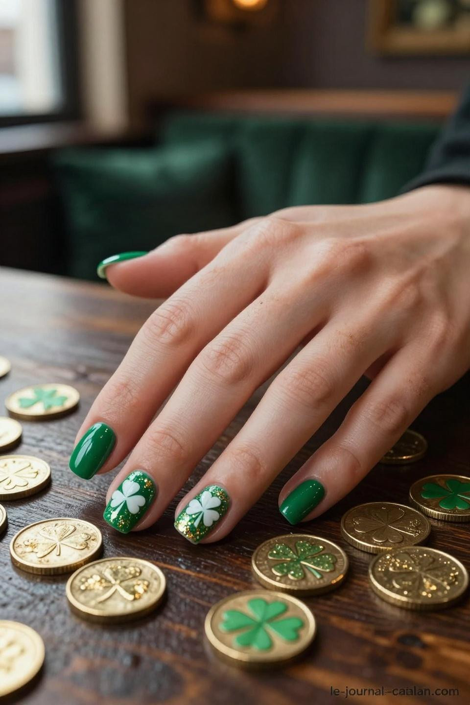 St Patricks Day Nails professional gel application with flawless shamrock artistry