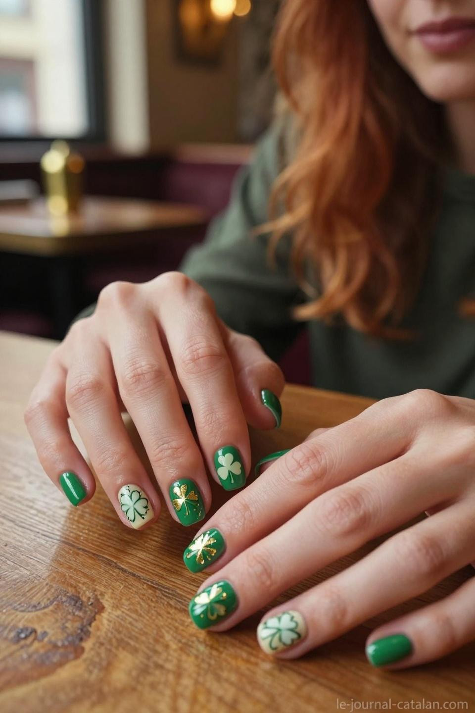 St Patricks Day Nails Design Simple emerald base with easy shamrock stamping technique