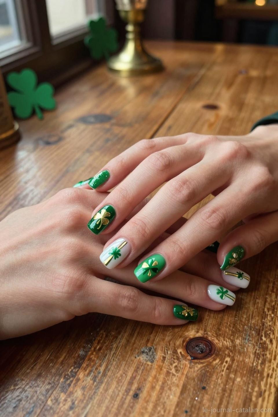Cute St Patricks Day Nails playful shamrock designs with whimsical details on short square nails