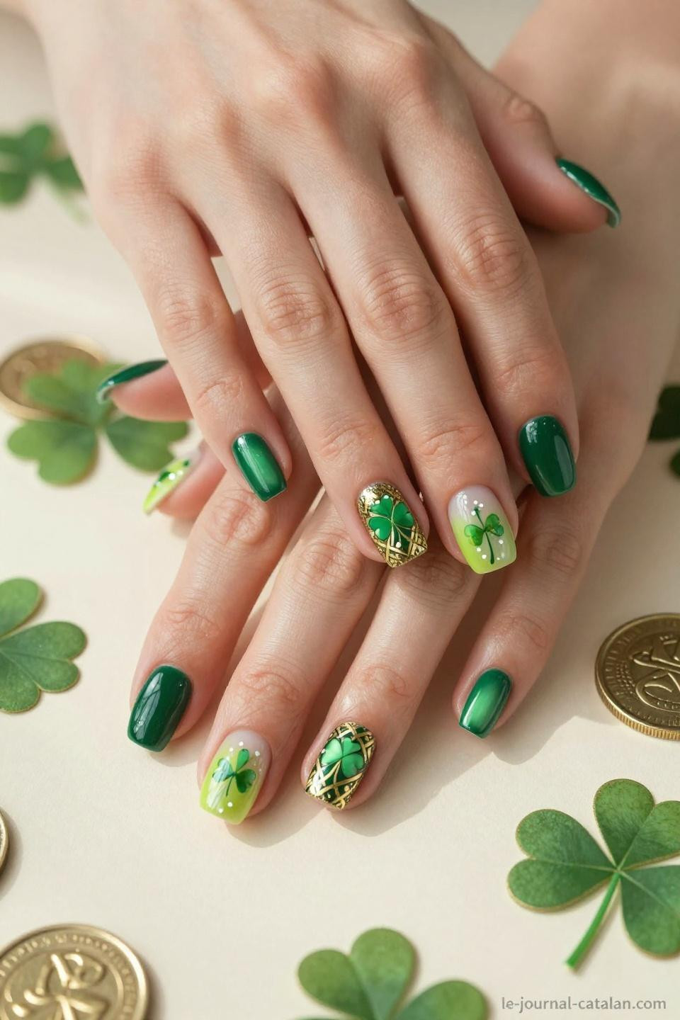 Green St Patricks Day Nails vibrant emerald with gold metallic accents and shamrock artistry
