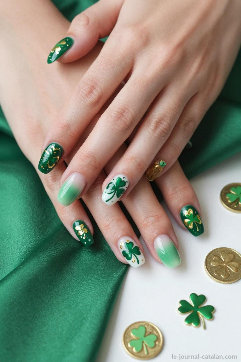 St Patricks Nails Ideas featuring emerald green base with dimensional hand-painted shamrock designs and gold foil accents
