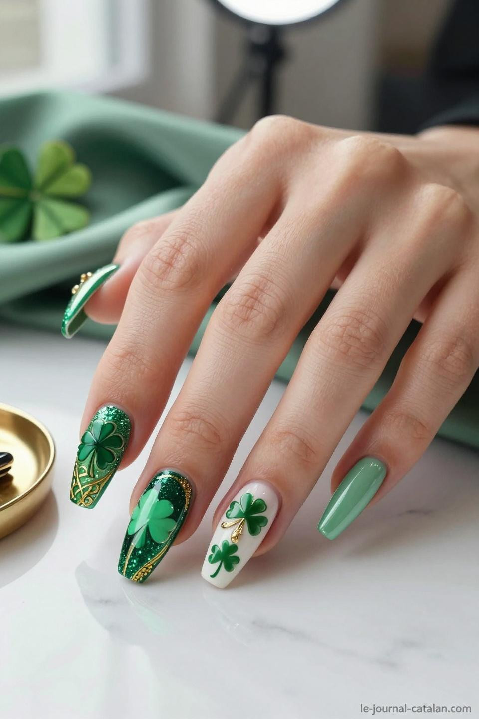 Cute St Patricks Day Nails almond shape with Celtic knots and gold foil shamrocks