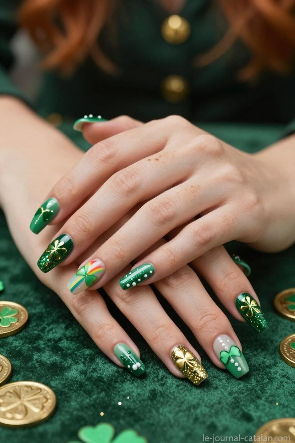 Green St Patricks Day Nails with hand-painted shamrock clusters and rainbow details