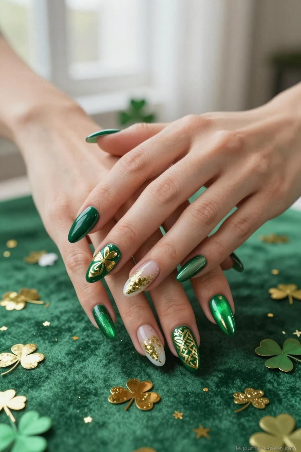 St Pattys Nails Simple featuring almond acrylics with ombre green and gold Celtic patterns