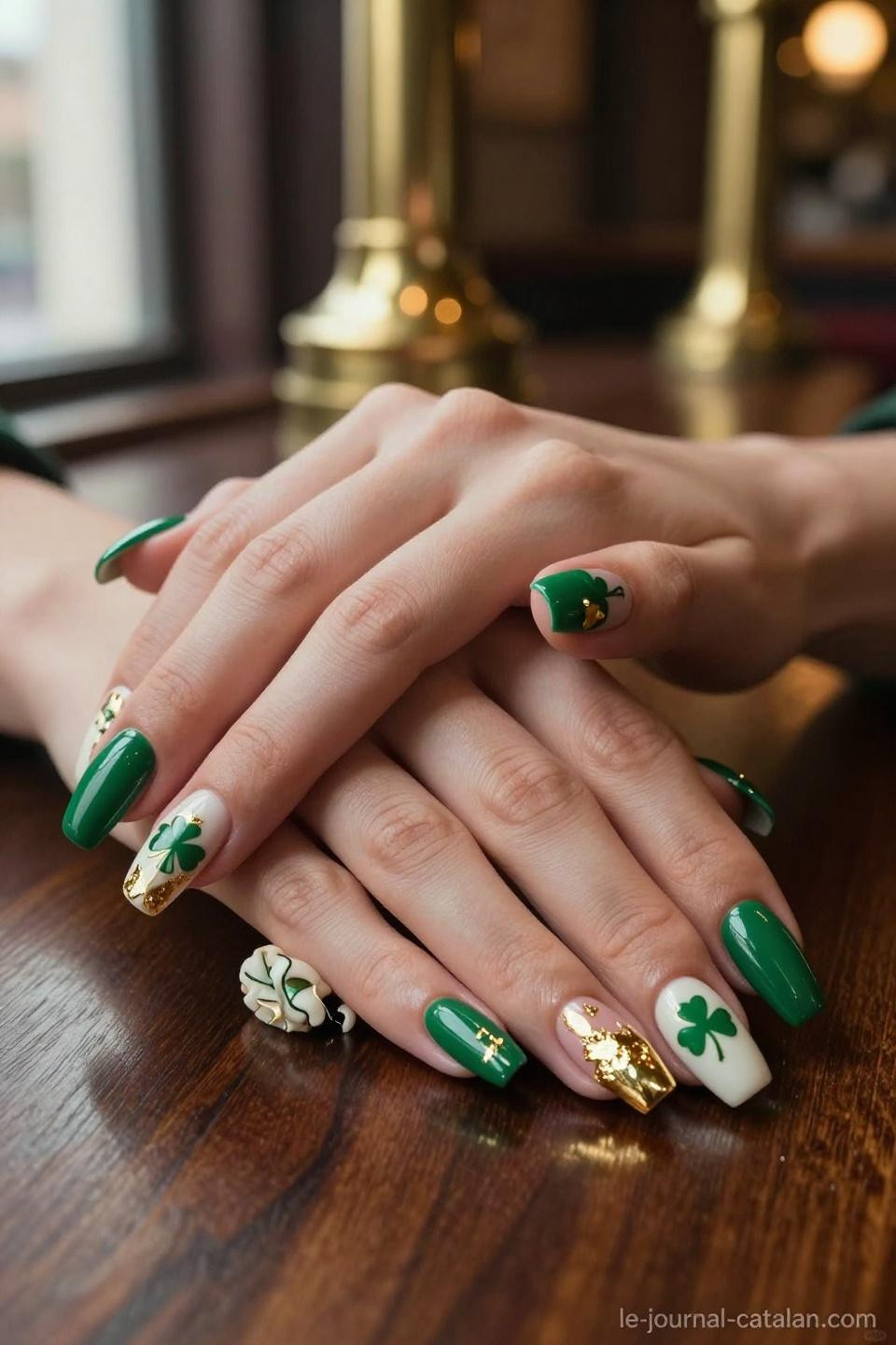 Saint Patrick Day Nails featuring gold chrome and shamrock art photographed in Irish pub setting