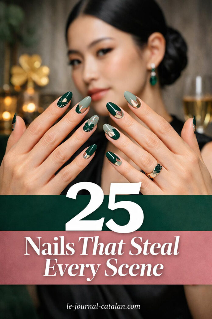 Emerald green acrylic manicure with negative space shamrock artistry, rose gold foil accents, mixed matte and glossy finishes