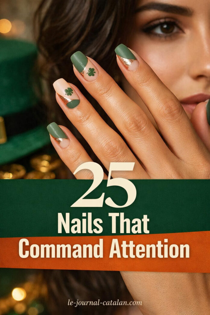 Professional sage green manicure with negative space shamrock accents and rose gold foil details on Mediterranean model