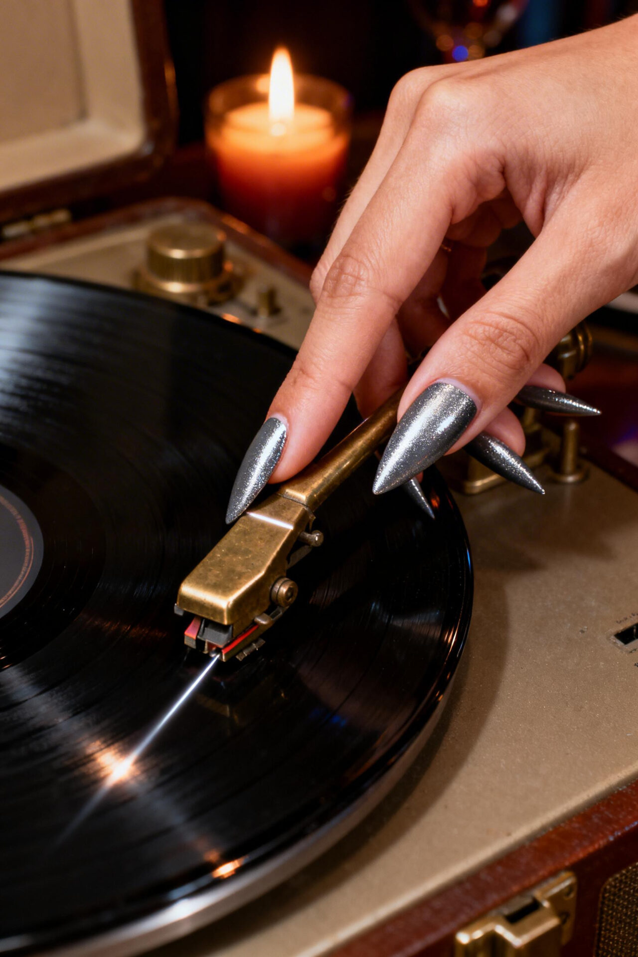 Neutral Cat Eye Nails - steel grey stiletto foil