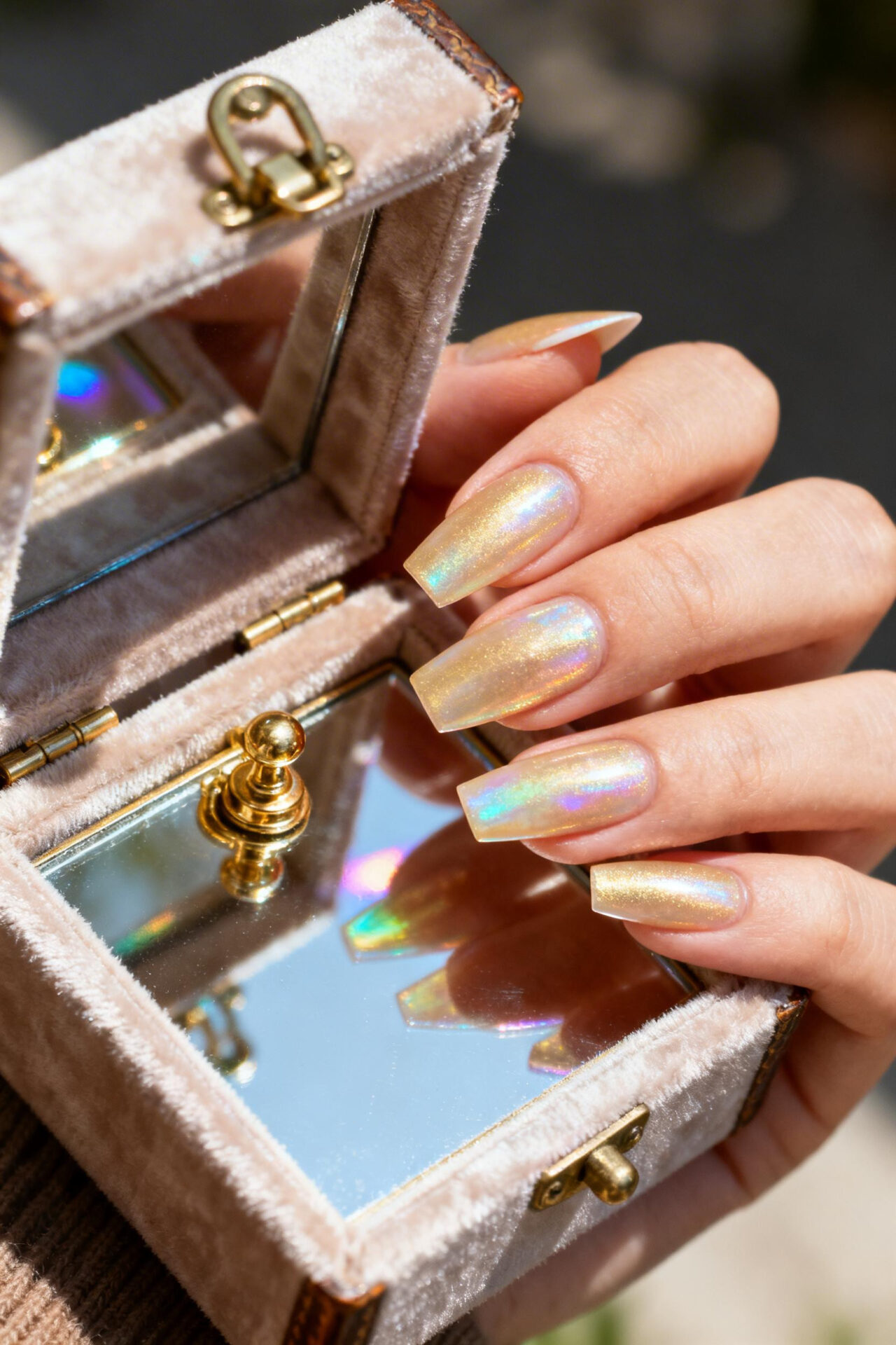 Medium length square nails shimmer design