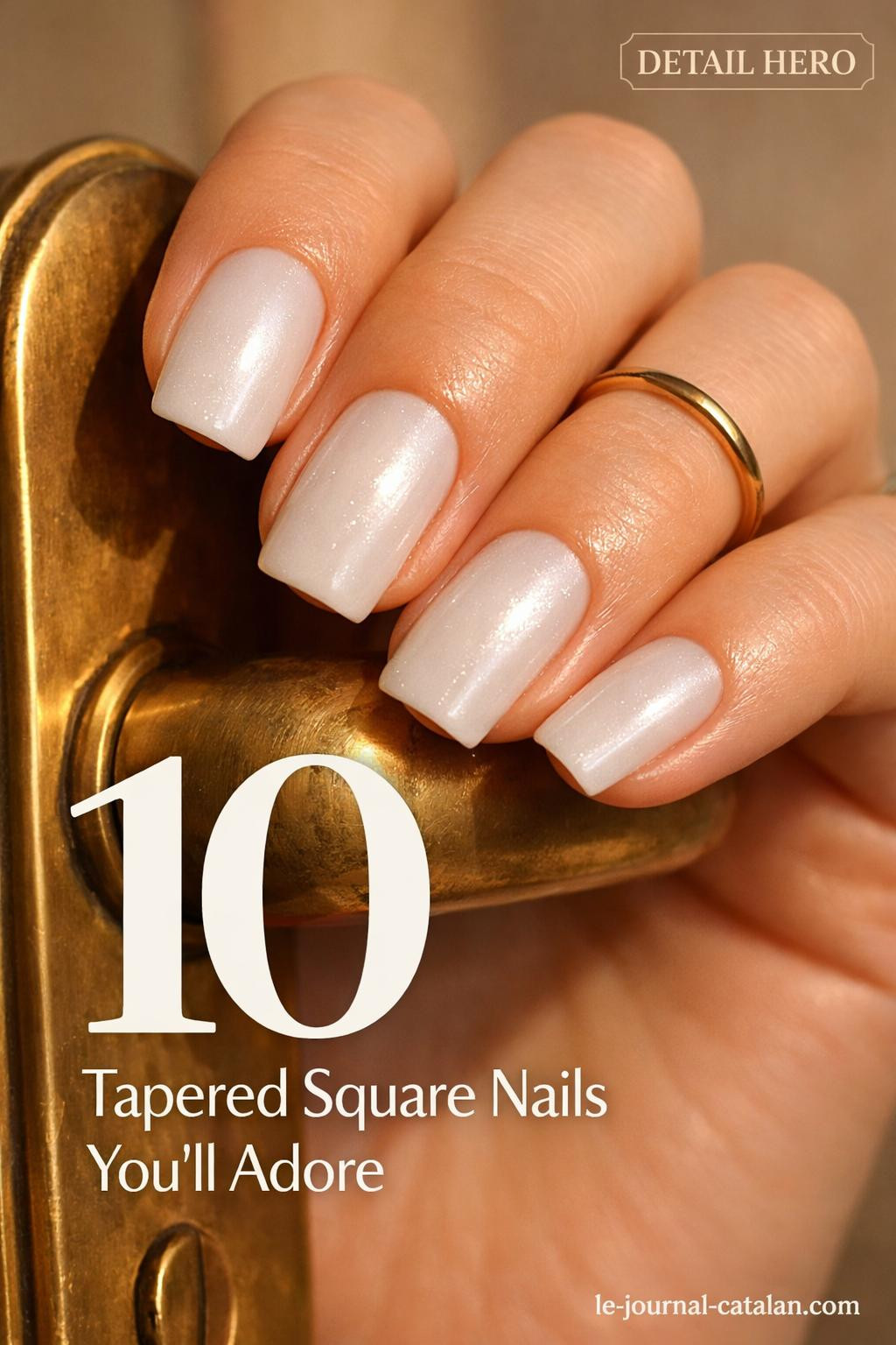 Medium square nails featuring a tapered design with milky white finish and subtle French tip detailing for an elegant manicure look