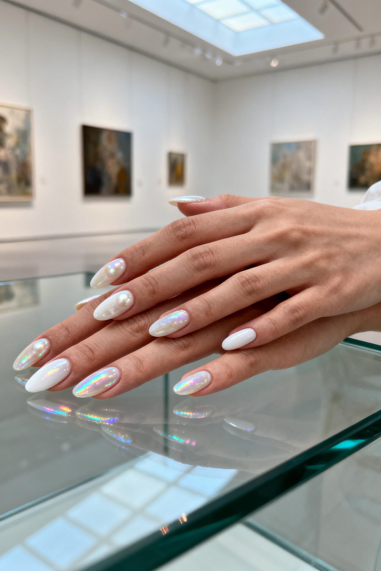 Almond French Tip Nails - pearl shimmer