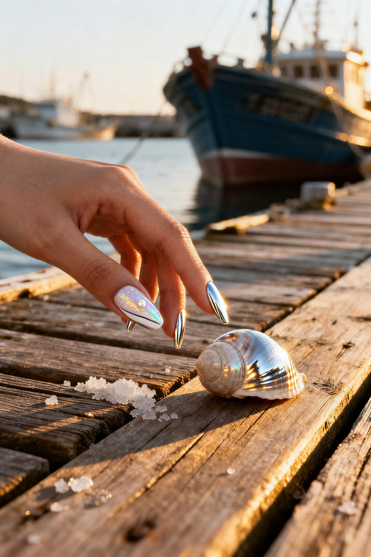 Light Cat Eye Nails - pearl iridescent white