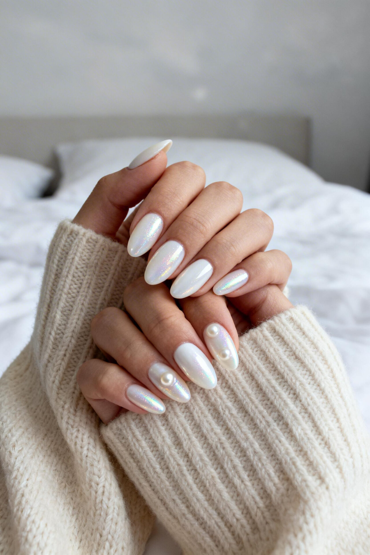 Light Cat Eye Nails - classic pearl almond