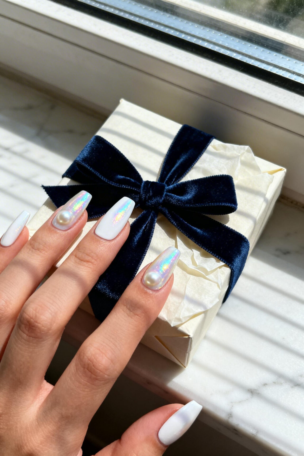 Light Cat Eye Nails - snow white pearl coffin