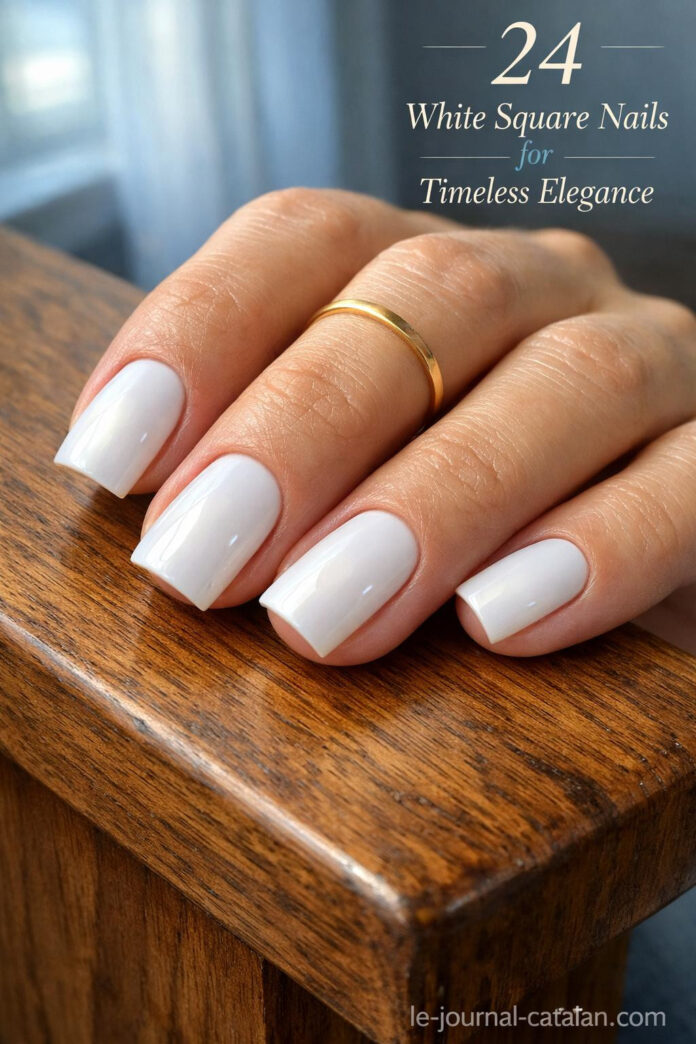 Short square nails in milky white acrylic with simple elegant design, perfect for minimalist nail inspiration and everyday wear