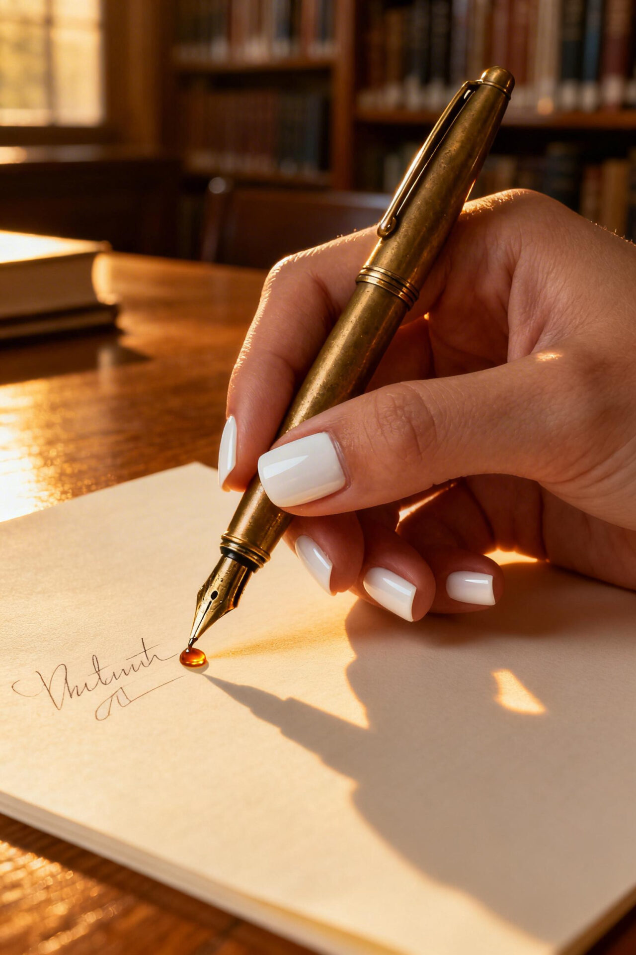 Milky White Nails Acrylic - library desk