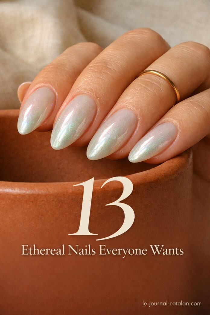 Earthy nails featuring soft gradient transitions in warm terracotta, sage green, and sandy beige tones on almond shaped manicure