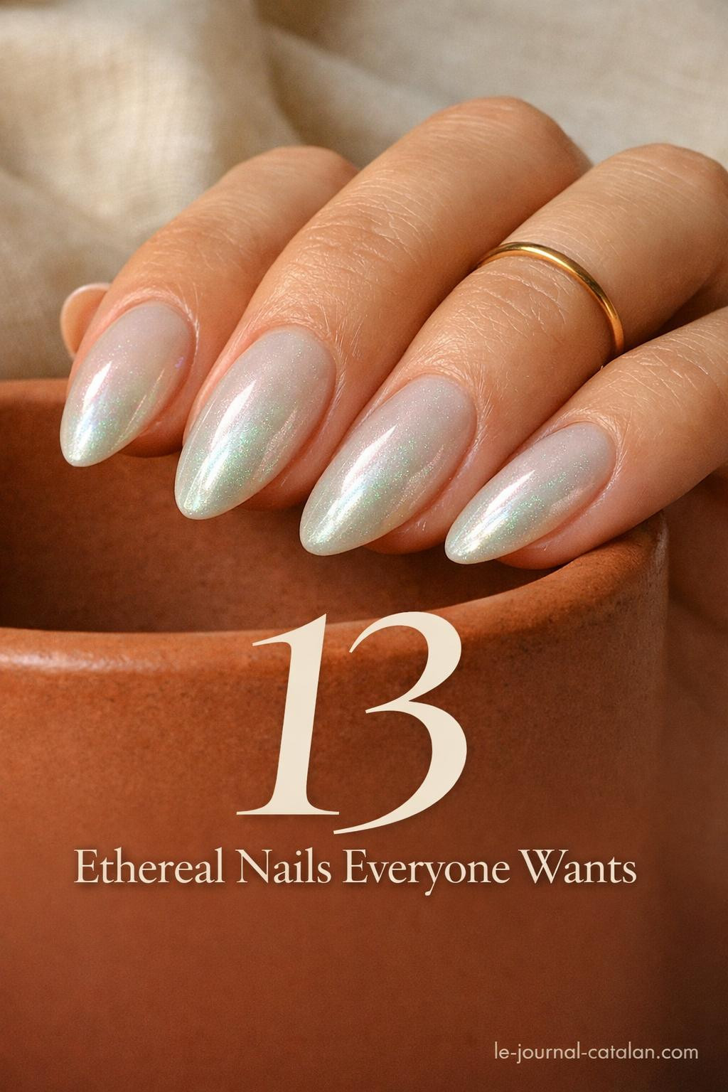 Earthy nails featuring soft gradient transitions in warm terracotta, sage green, and sandy beige tones on almond shaped manicure