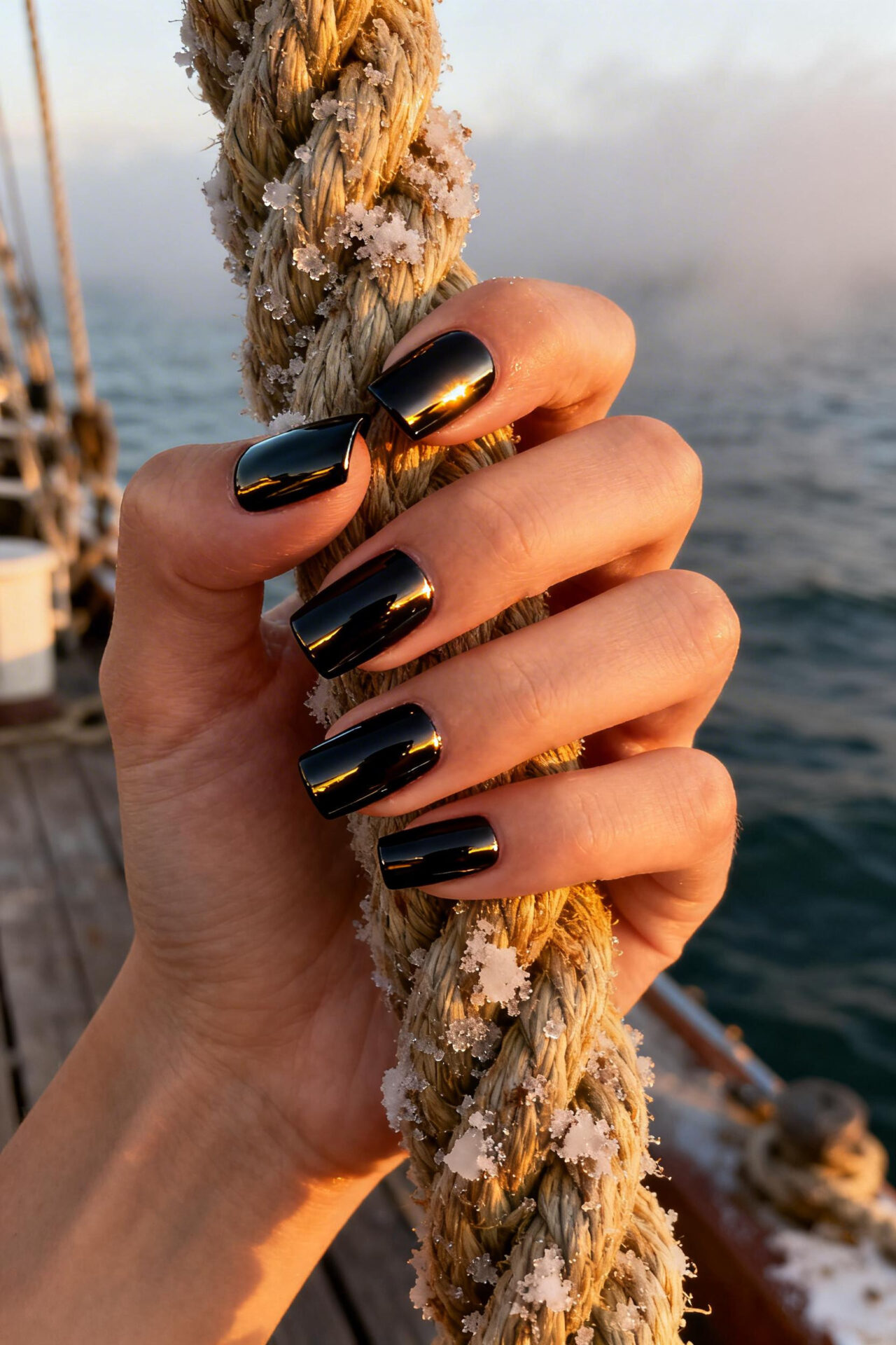 Black square nails chrome travel